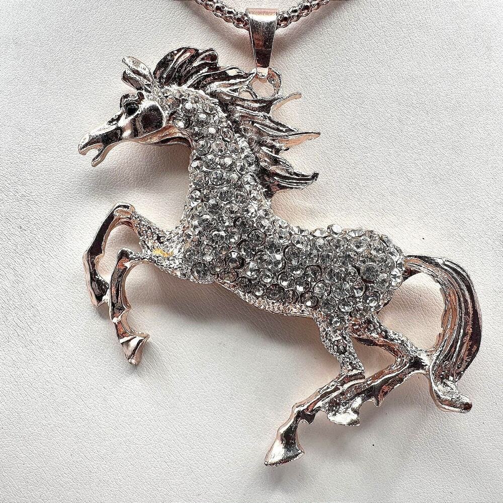 Vintage 90s Betsey Johnson Unicorn Necklace Rose Gold Tone Glass Pendant Jewelry
